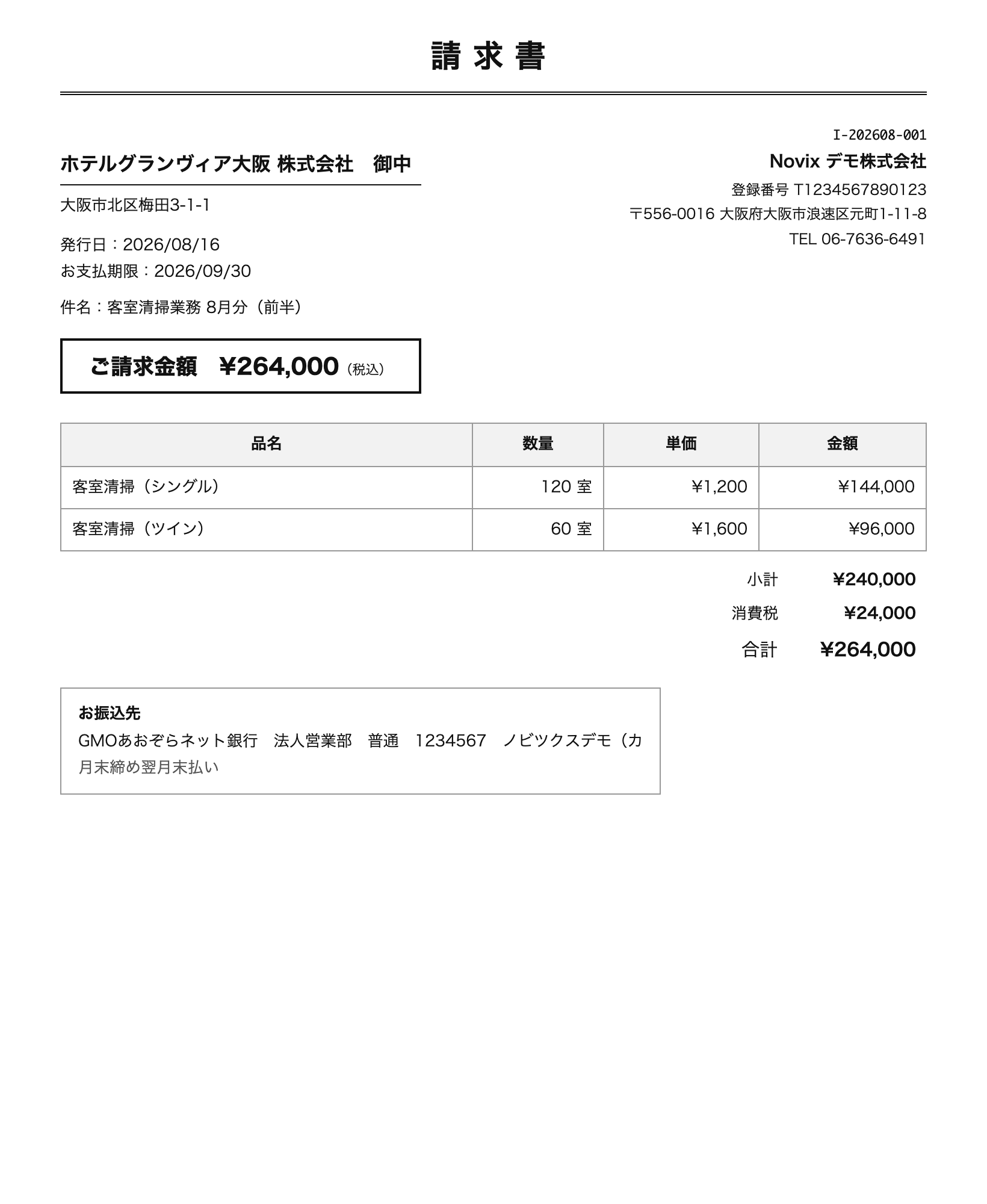 印刷される請求書。登録番号・振込先・税率区分が印字される